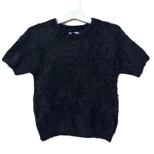 Girls Black Fluffy Knitted Short Sleeve Tee